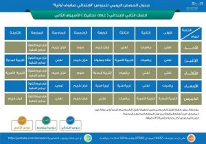 جدول الصف الثاني جدول حصص المرحلة الابتدائية
