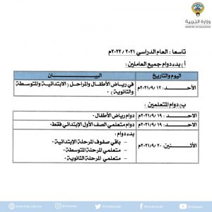 رزنامة وزارة التربية الكويت 2021